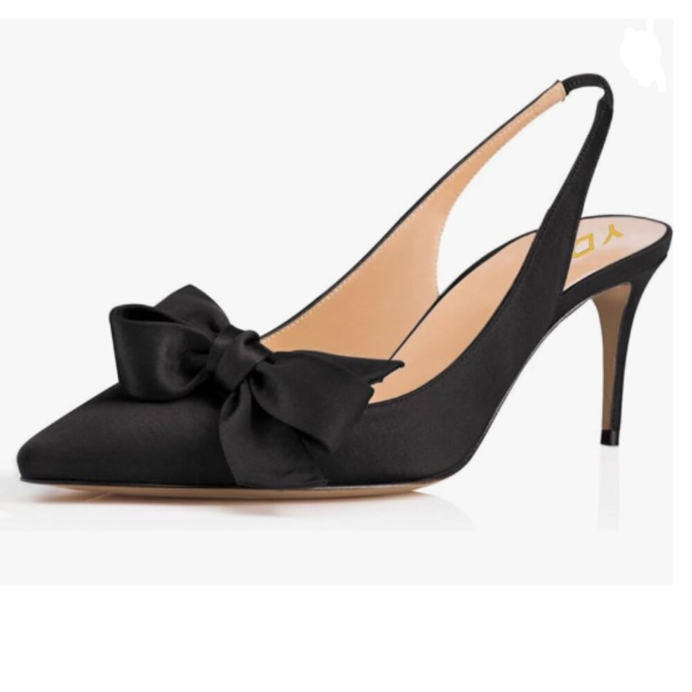 YDN Black Pointed Toe Bow Slingback Slip on Pumps Mid Heels Prom Satin Shoes